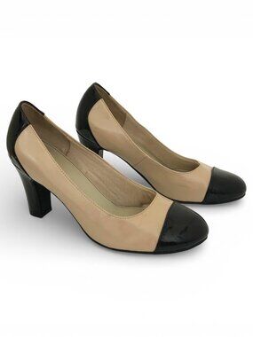 NWOB Life Stride Brown and Tan Patent Leather 3.5" Block Heel Size 9W